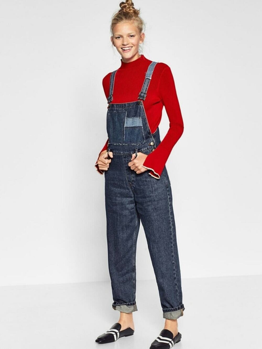 Zara TRF Mom Fit Denim Overalls Distressed Patchwork Size Small NEW